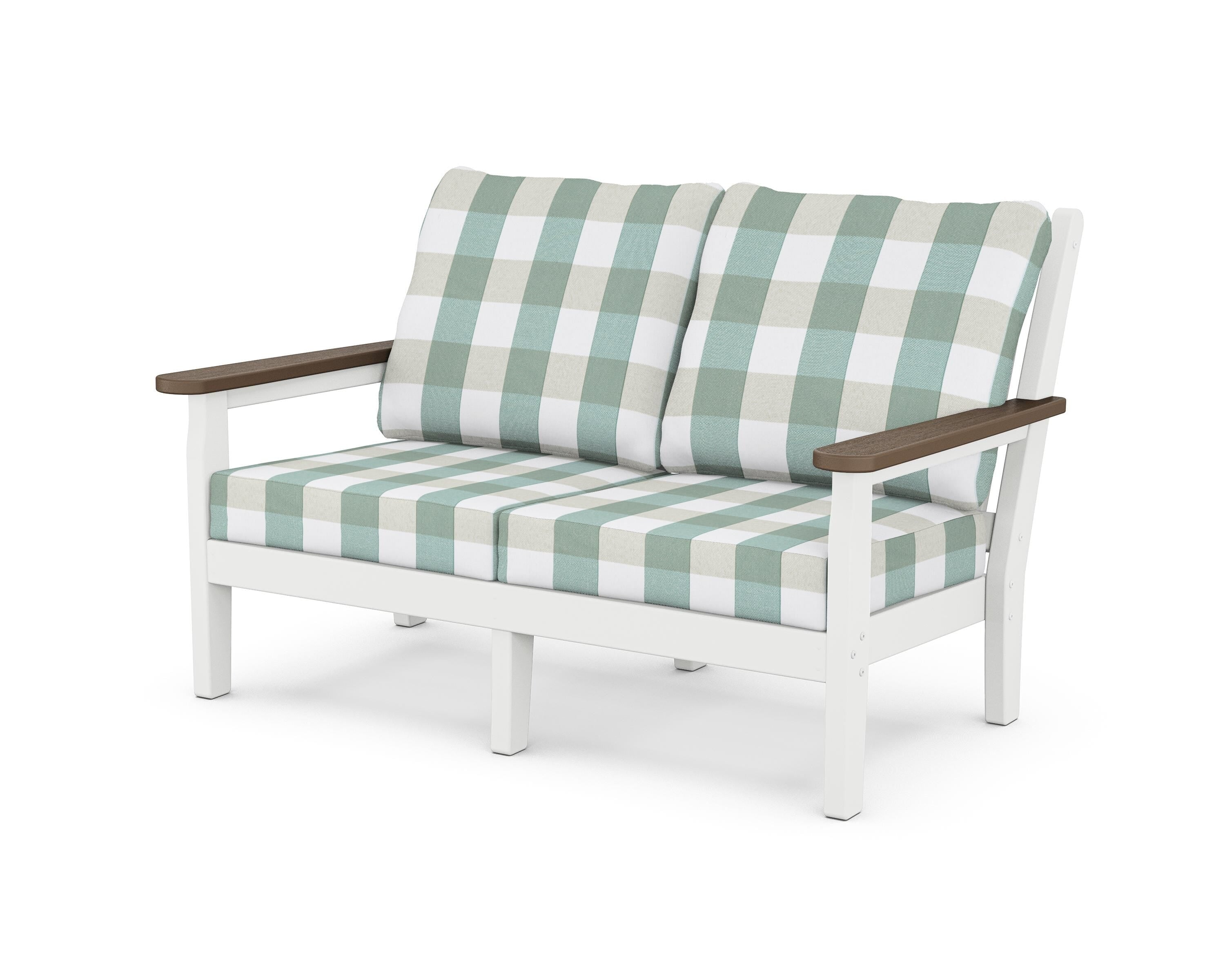 POLYWOOD® Chippendale Deep Seating Loveseat in White / Kona / Buffalo Plaid Glacier Spa