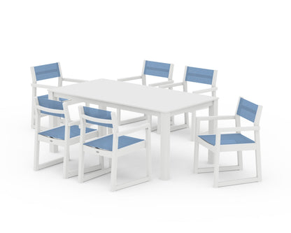 POLYWOOD® EDGE Sling Arm Chair 7-Piece Parsons Dining Set in White / Poolside Sling