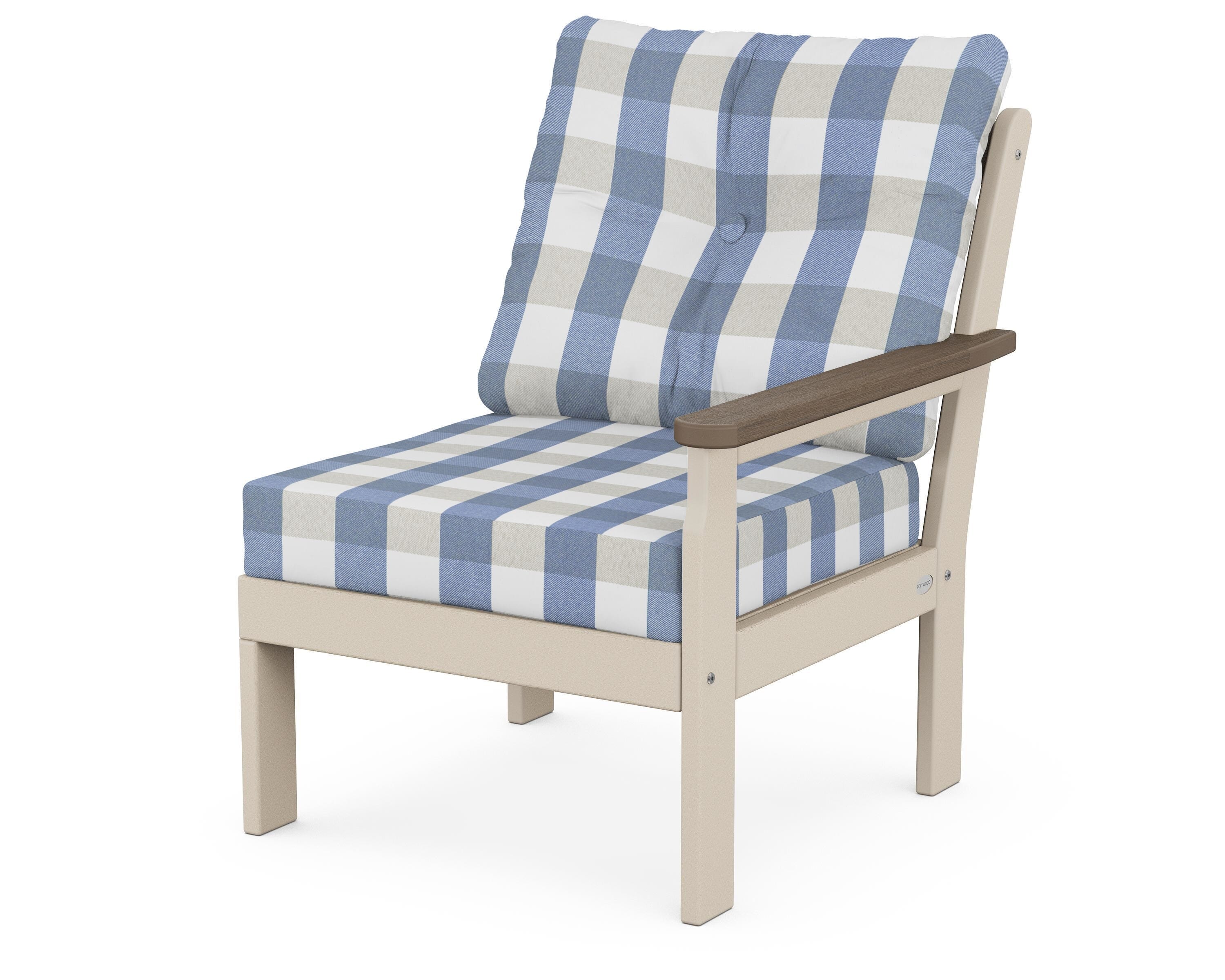 POLYWOOD® Vineyard Modular Right Arm Chair in Sand / Kona / Buffalo Plaid Sky Blue