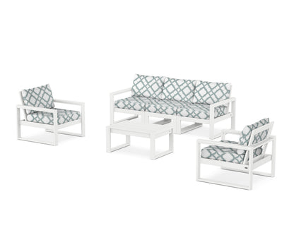 POLYWOOD® EDGE Sectional 4-Piece Deep Seating Set with Sofa in White / Trellis Glacier Spa