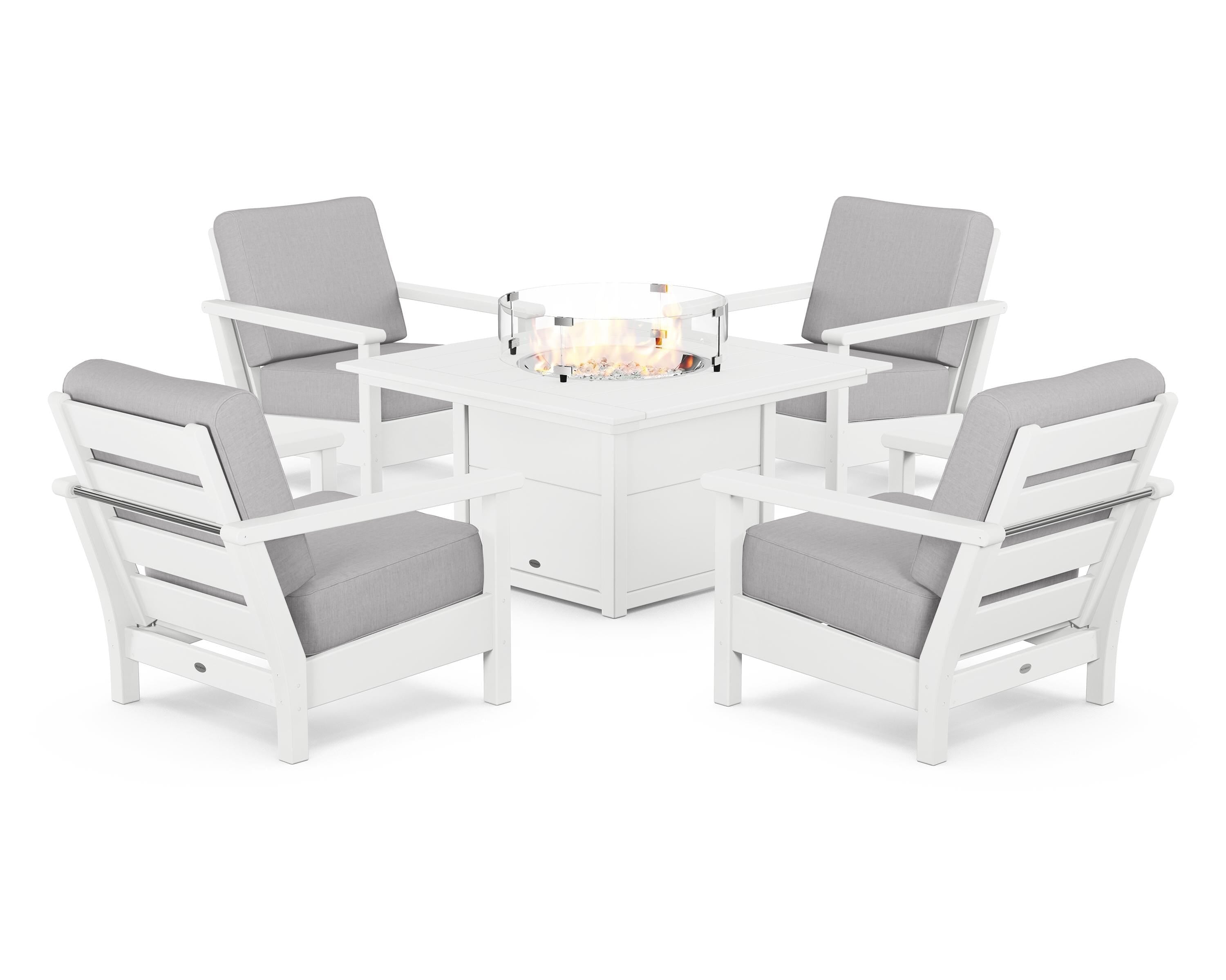 POLYWOOD® Harbour 5-Piece Conversation Set with Fire Pit Table in White / Granite