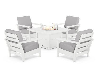 POLYWOOD® Harbour 5-Piece Conversation Set with Fire Pit Table in White / Granite