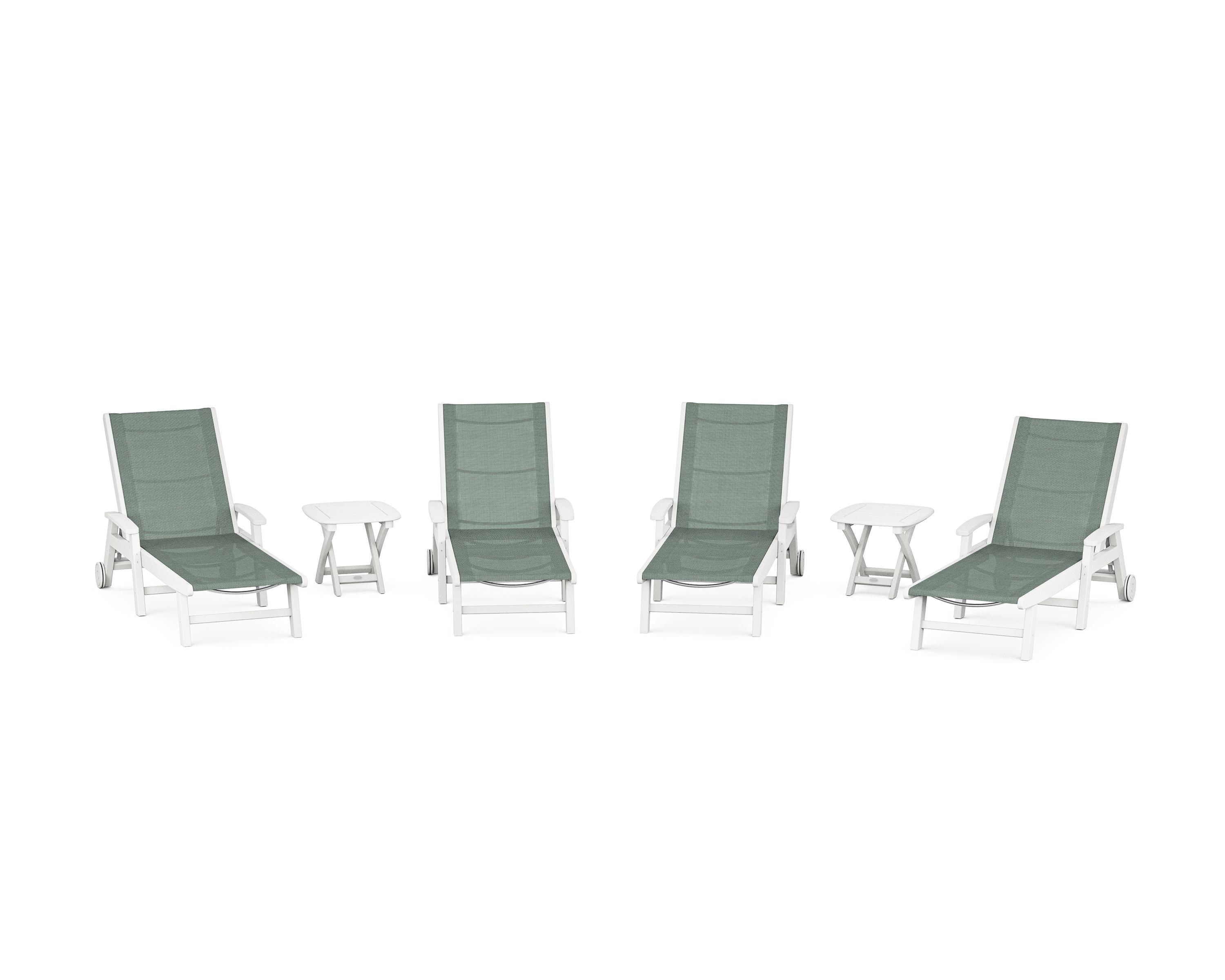 POLYWOOD® Coastal Chaise 6-Piece Set with Wheels in White / Dupioni Sea Mist Sling