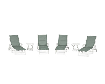 POLYWOOD® Coastal Chaise 6-Piece Set with Wheels in White / Dupioni Sea Mist Sling
