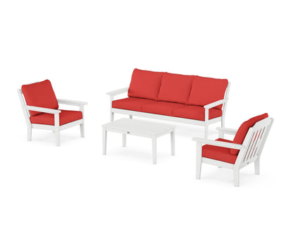 Country Living Cottage 4-Piece Deep Seating Set with Sofa in White / Crimson Linen
