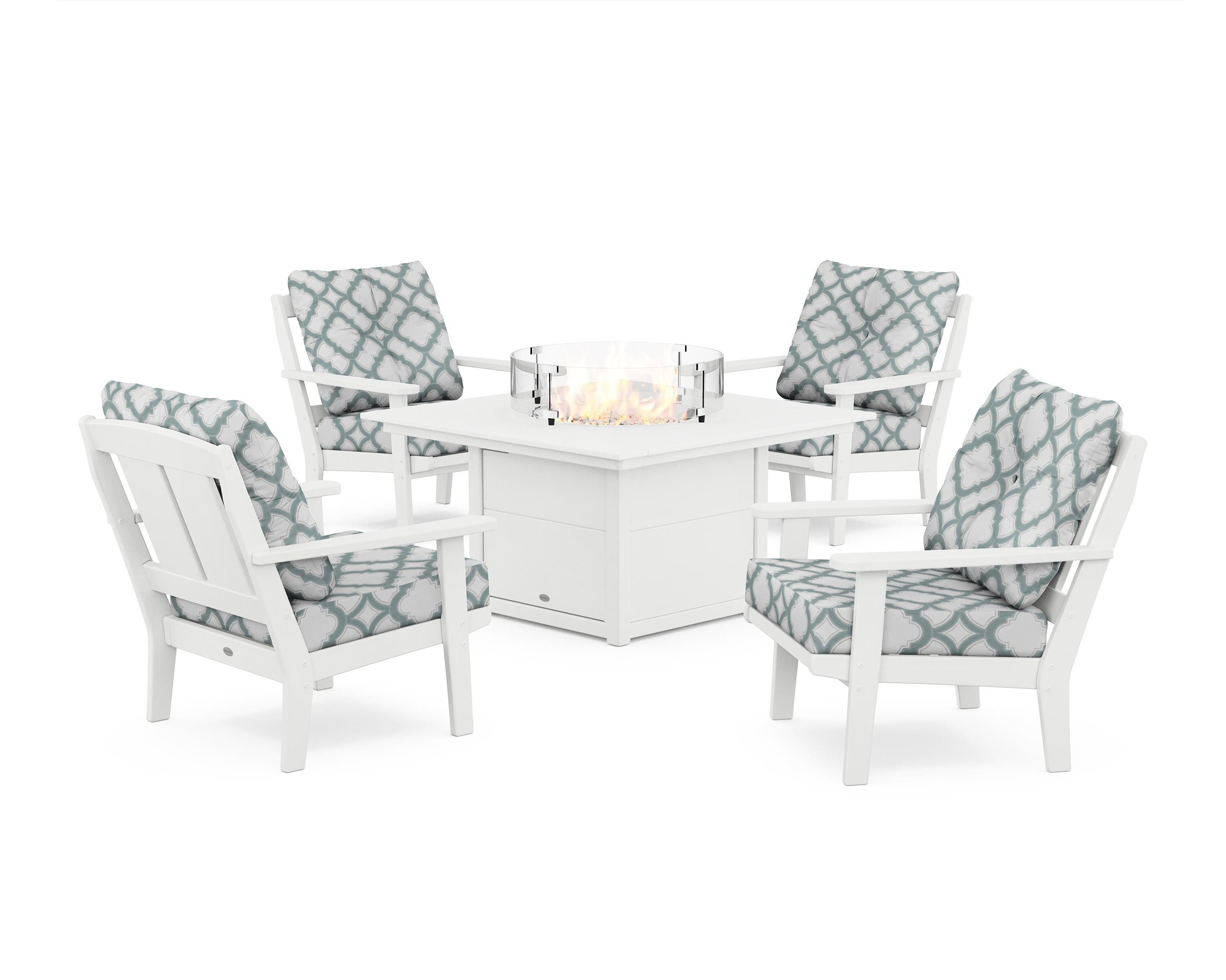 POLYWOOD® Mission 5-Piece Deep Seating Set with Fire Pit Table in White / Trellis Glacier Spa
