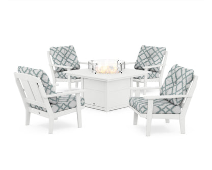 POLYWOOD® Mission 5-Piece Deep Seating Set with Fire Pit Table in White / Trellis Glacier Spa