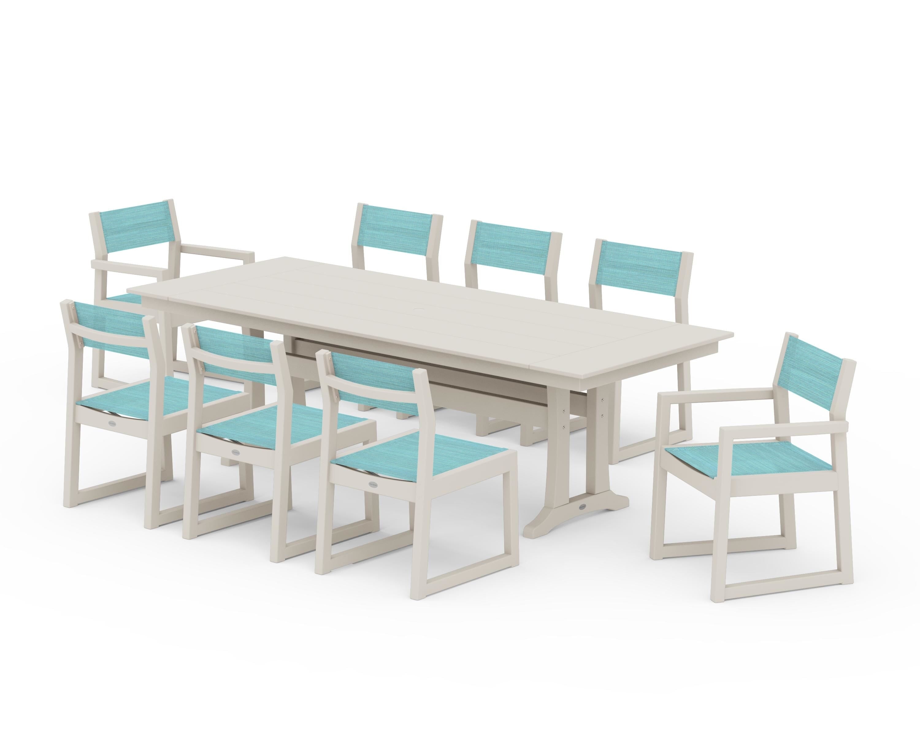 POLYWOOD® EDGE Sling 9-Piece Farmhouse Trestle Dining Set in Sand / Dupioni Aquamarine Sling