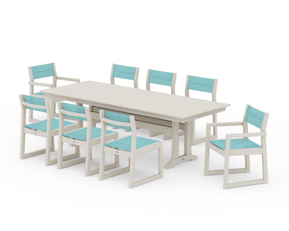 POLYWOOD® EDGE Sling 9-Piece Farmhouse Trestle Dining Set in Sand / Dupioni Aquamarine Sling