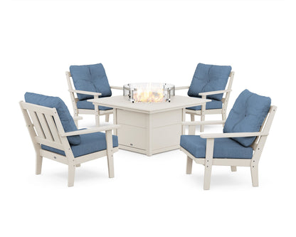 POLYWOOD® Oxford 5-Piece Deep Seating Set with Fire Pit Table in Sand / Sky Blue