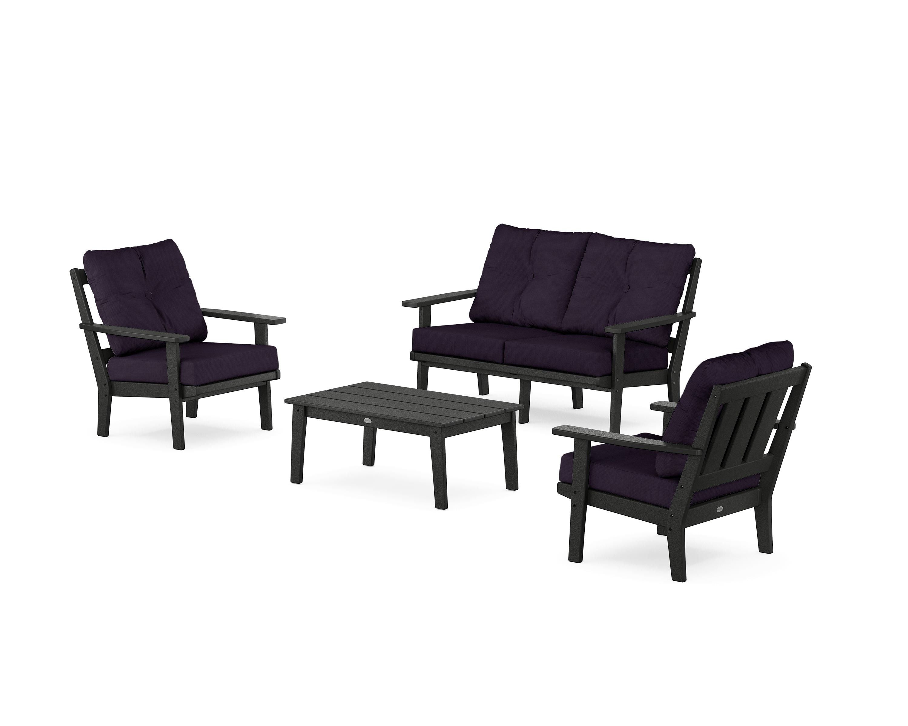 POLYWOOD® Oxford 4-Piece Deep Seating Set with Loveseat in Black / Navy Linen