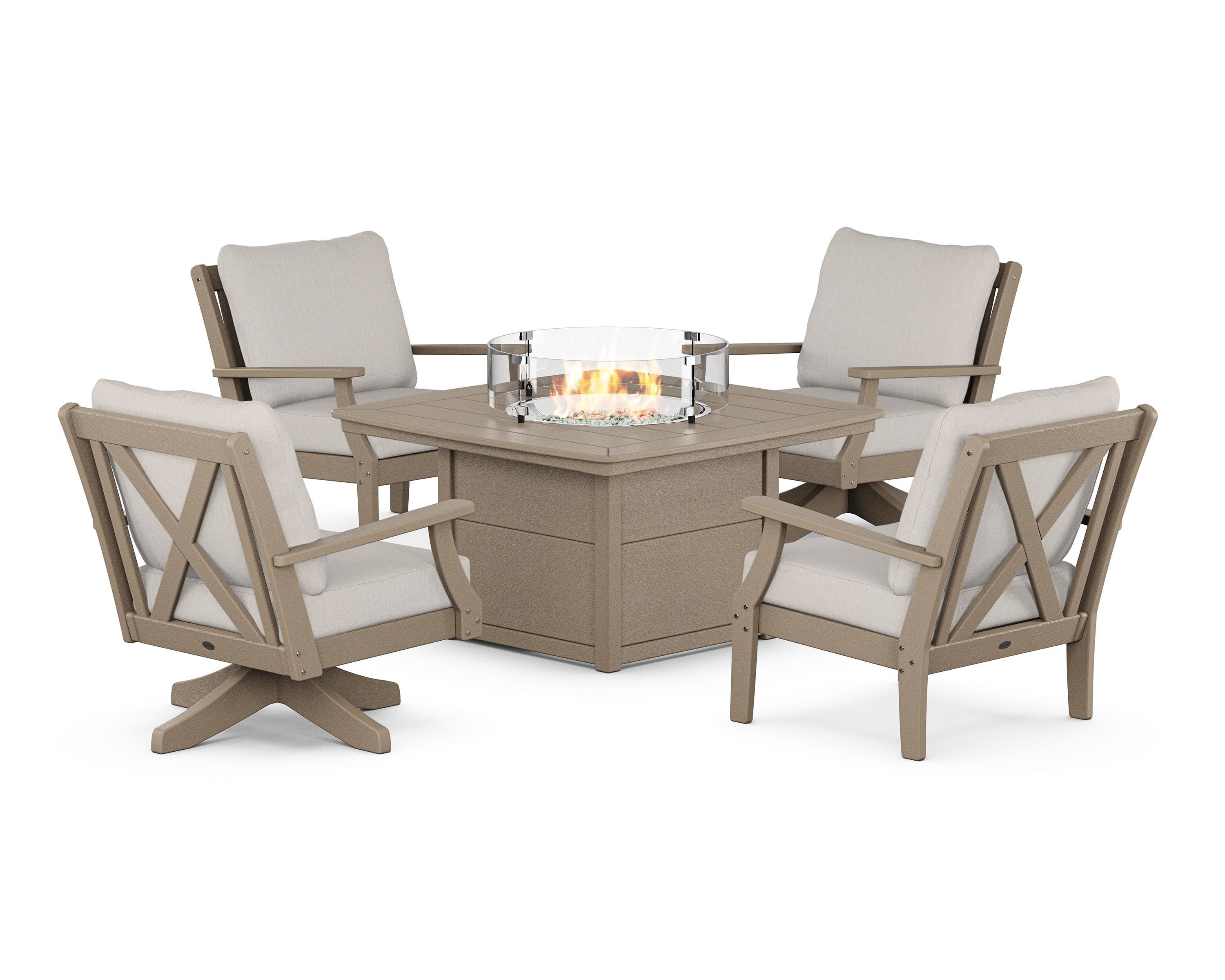 POLYWOOD® Braxton 5-Piece Deep Seating Set with Fire Table in Vintage Sahara / Cast Ash