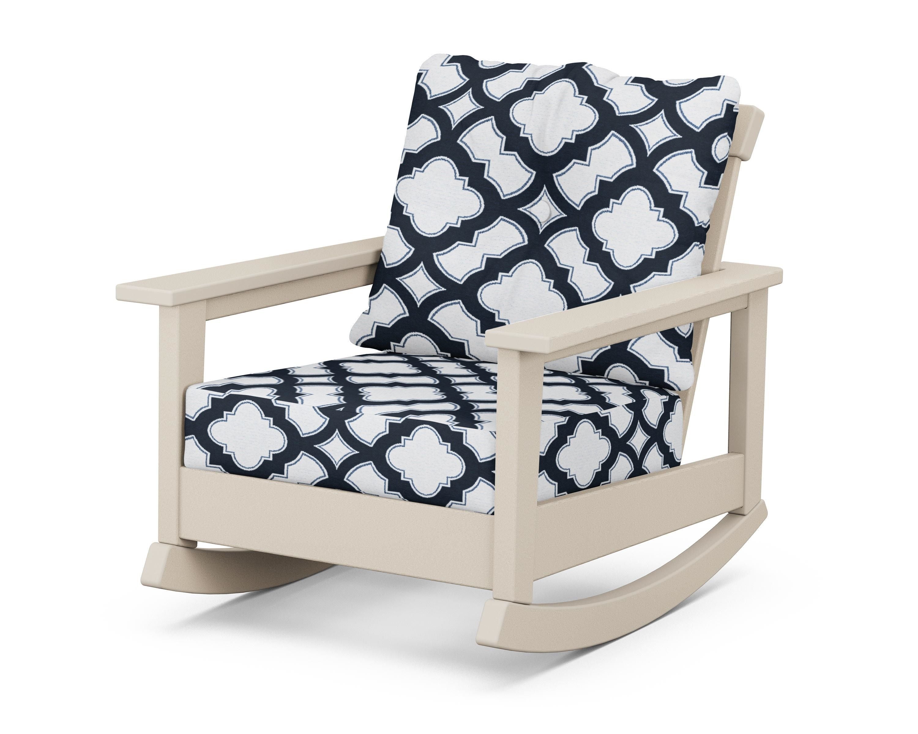 POLYWOOD® Prescott Deep Seating Rocking Chair in Sand / Trellis Marine Indigo