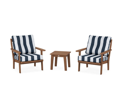 POLYWOOD® Mission 3-Piece Deep Seating Set in Teak / Cabana Stripe Marine Indigo
