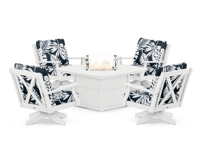 POLYWOOD® Braxton 5-Piece Deep Seating Swivel Conversation Set with Fire Pit Table in White / Leaf Marine Indigo