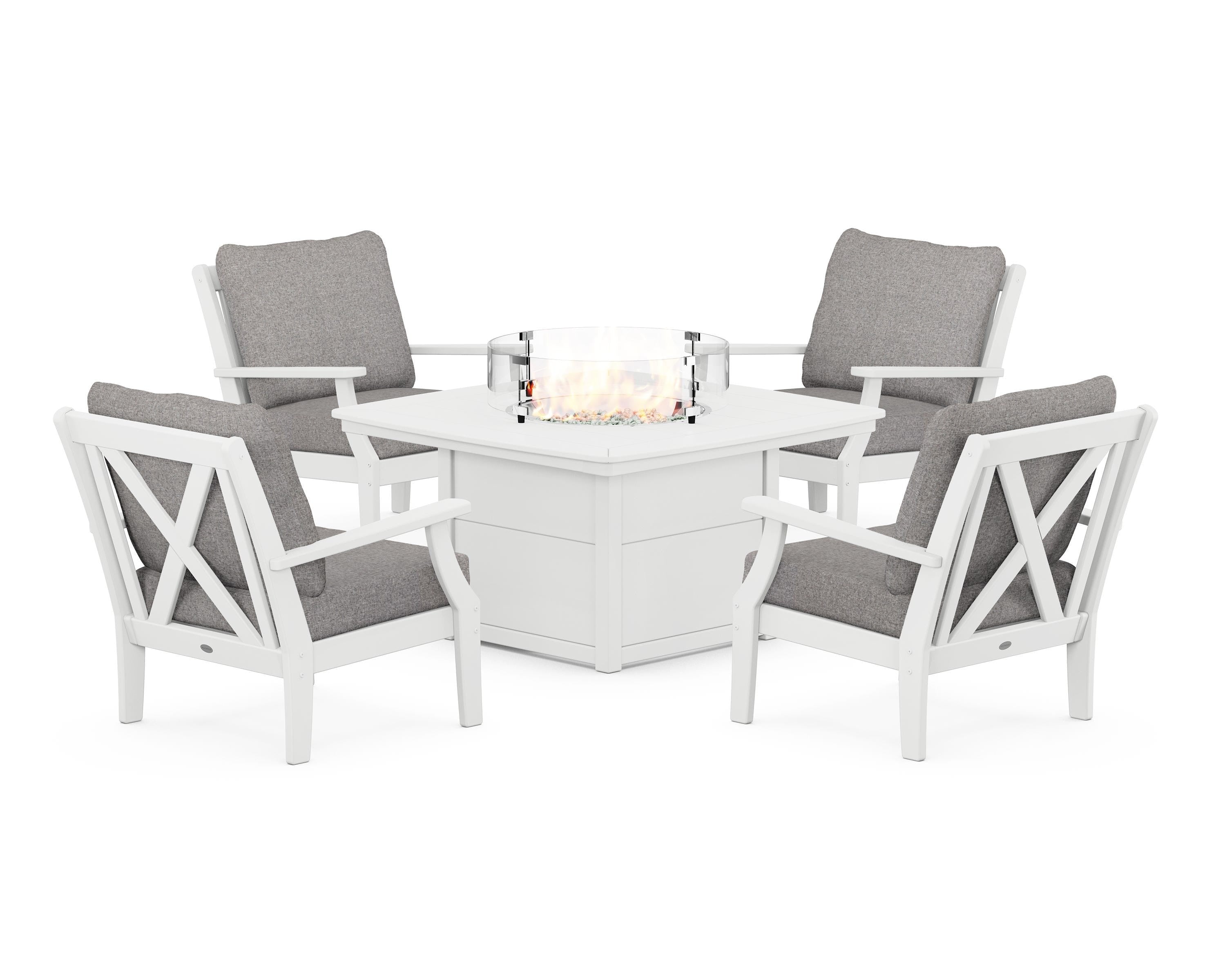 POLYWOOD® Braxton 5-Piece Deep Seating Conversation Set with Fire Pit Table in White / Grey Mist