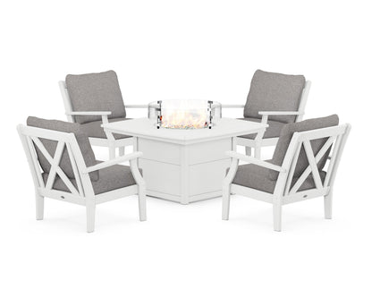 POLYWOOD® Braxton 5-Piece Deep Seating Conversation Set with Fire Pit Table in White / Grey Mist