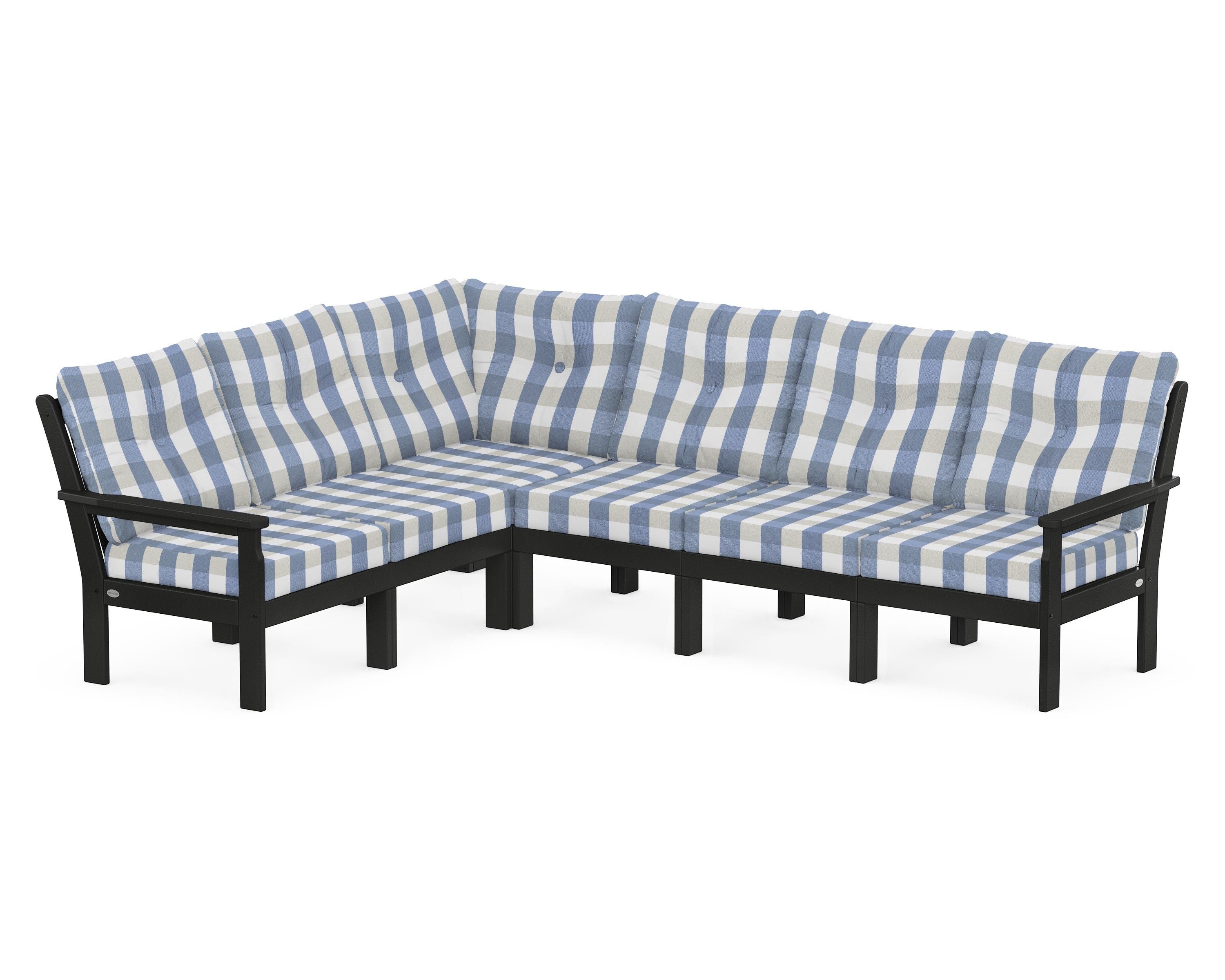 POLYWOOD® Vineyard 6-Piece Sectional in Black / Buffalo Plaid Sky Blue