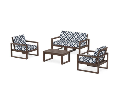 POLYWOOD® EDGE Sectional 4-Piece Deep Seating Set with Loveseat in Mahogany / Trellis Marine Indigo