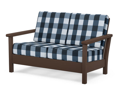 POLYWOOD® Harbour Deep Seating Loveseat in Mahogany / Buffalo Plaid Marine Indigo