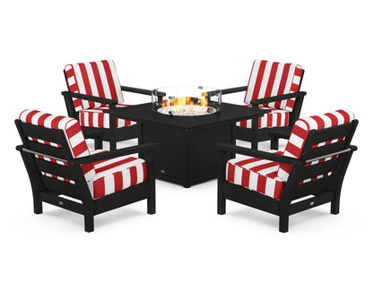 POLYWOOD® Harbour 5-Piece Conversation Set with Fire Pit Table in Black / Cabana Stripe Crimson