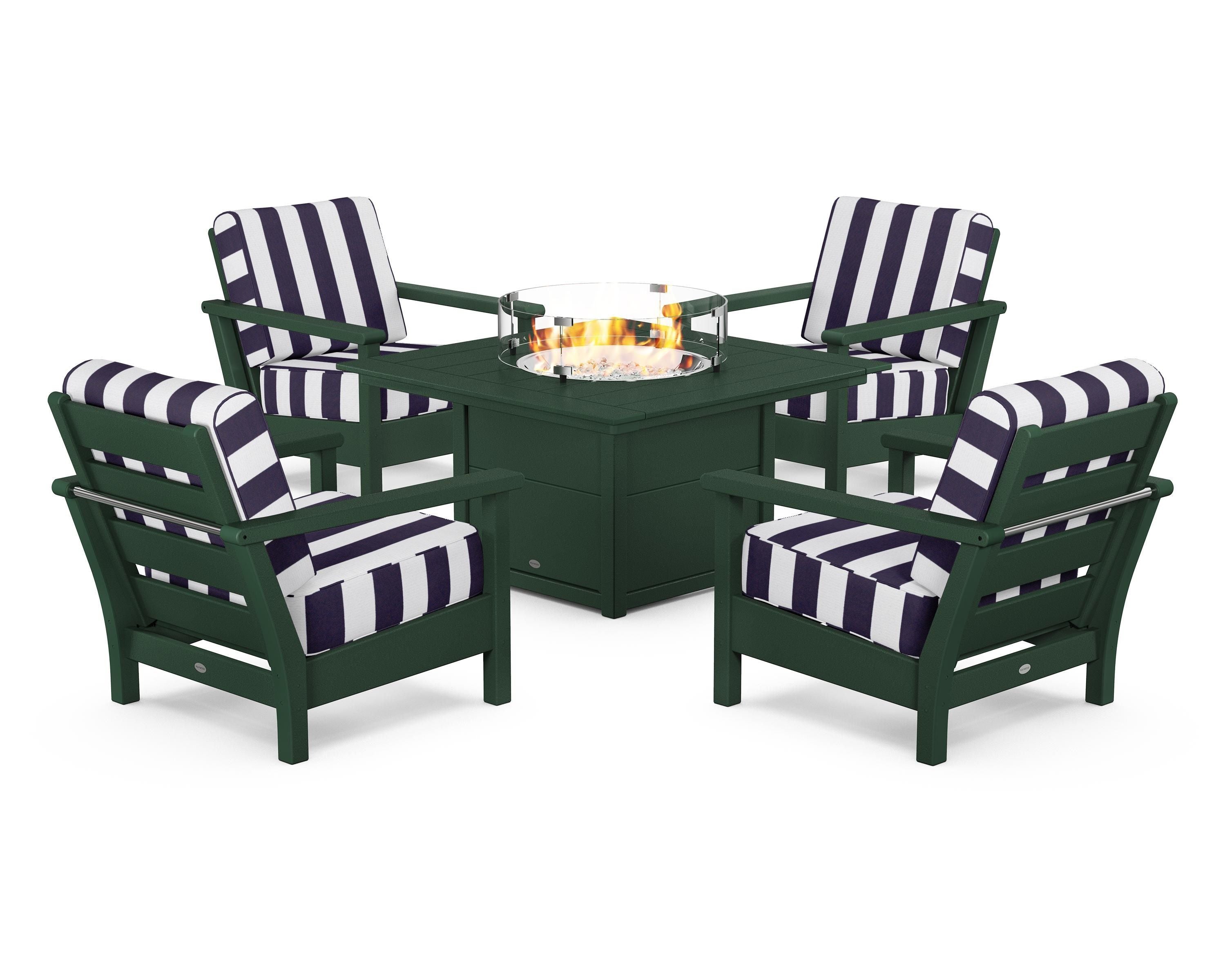 POLYWOOD® Harbour 5-Piece Conversation Set with Fire Pit Table in Green / Cabana Stripe Navy