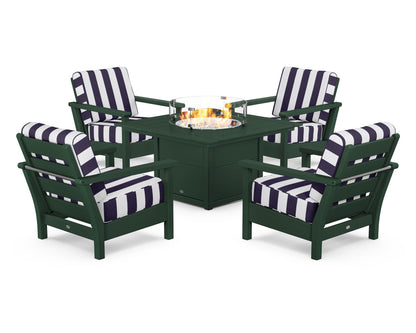 POLYWOOD® Harbour 5-Piece Conversation Set with Fire Pit Table in Green / Cabana Stripe Navy