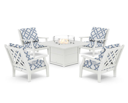 Country Living Wovendale 5-Piece Deep Seating Set with Fire Pit Table in White / Trellis Sky Blue