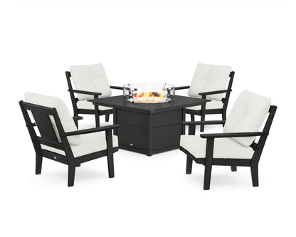 POLYWOOD® Prairie 5-Piece Deep Seating Set with Fire Pit Table in Black / Natural Linen