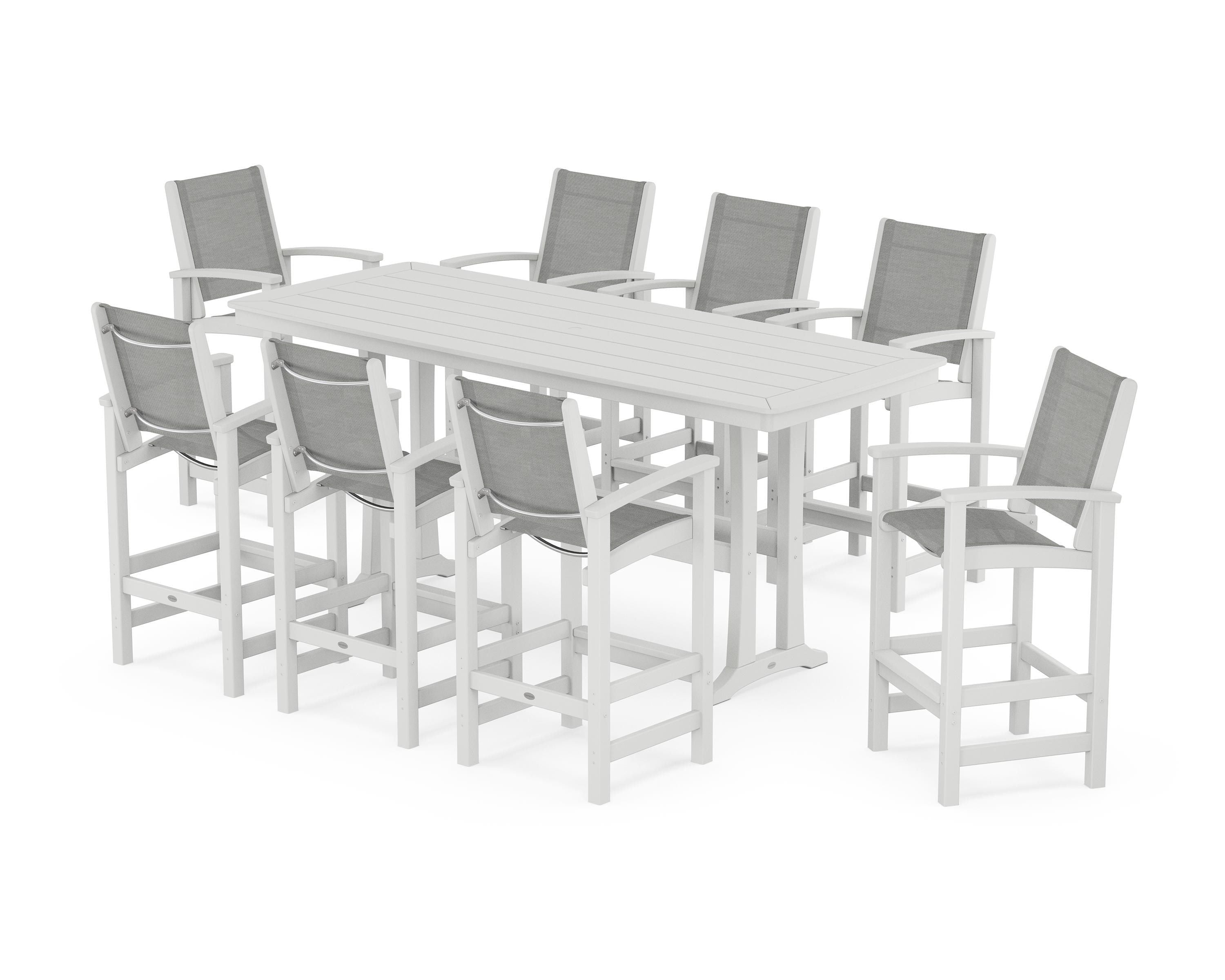 POLYWOOD® Coastal 9-Piece Bar Set with Trestle Legs in White / Metallic Sling