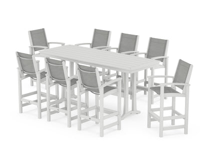POLYWOOD® Coastal 9-Piece Bar Set with Trestle Legs in White / Metallic Sling
