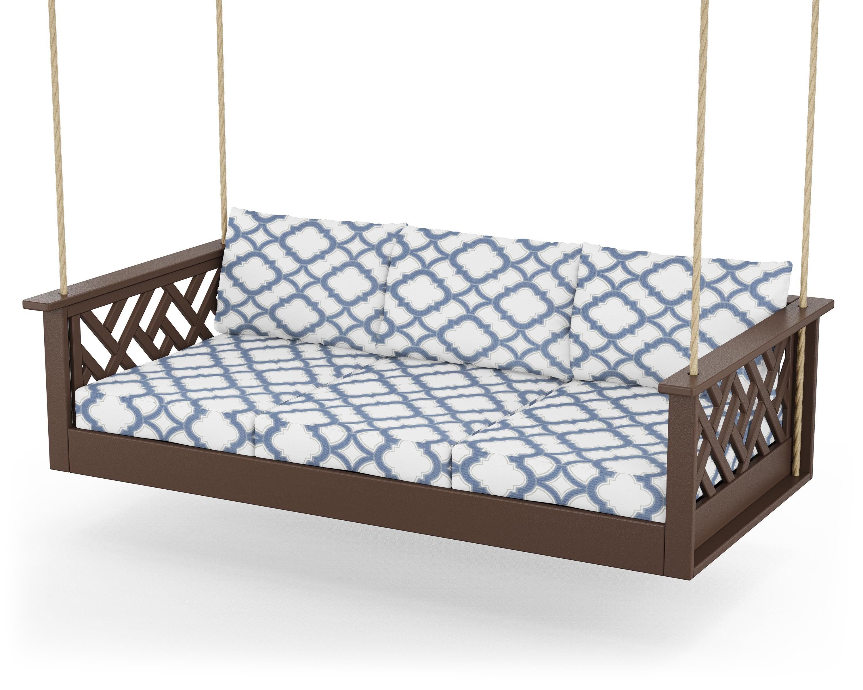 POLYWOOD® Chippendale Daybed Swing in Mahogany / Trellis Sky Blue
