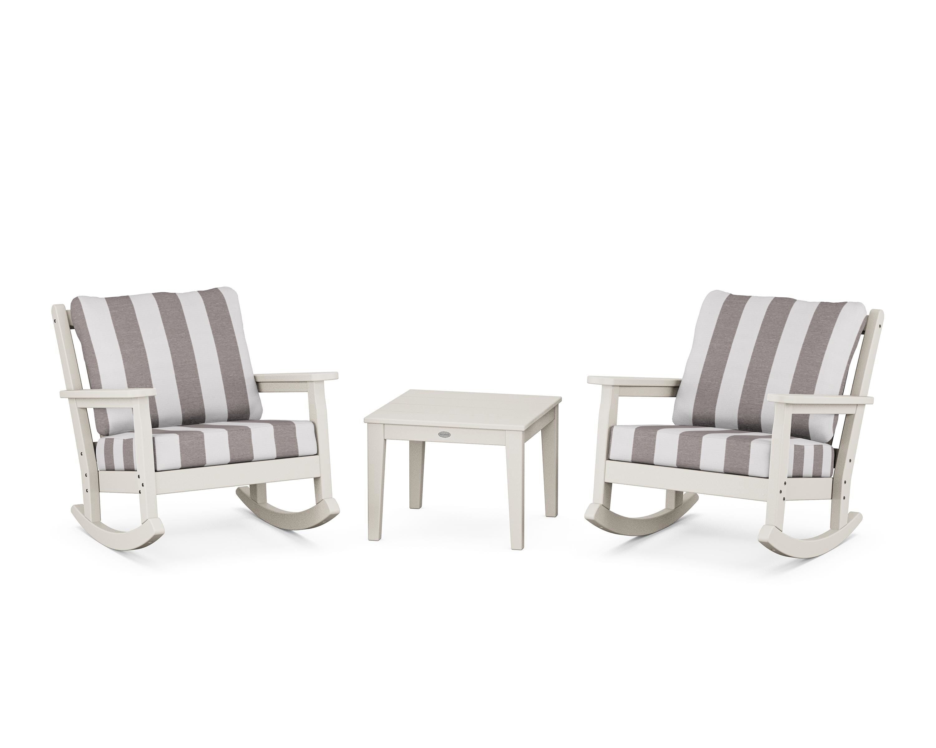 POLYWOOD® Chippendale 3-Piece Deep Seating Rocker Set in Sand / Cabana Stripe Grey Mist