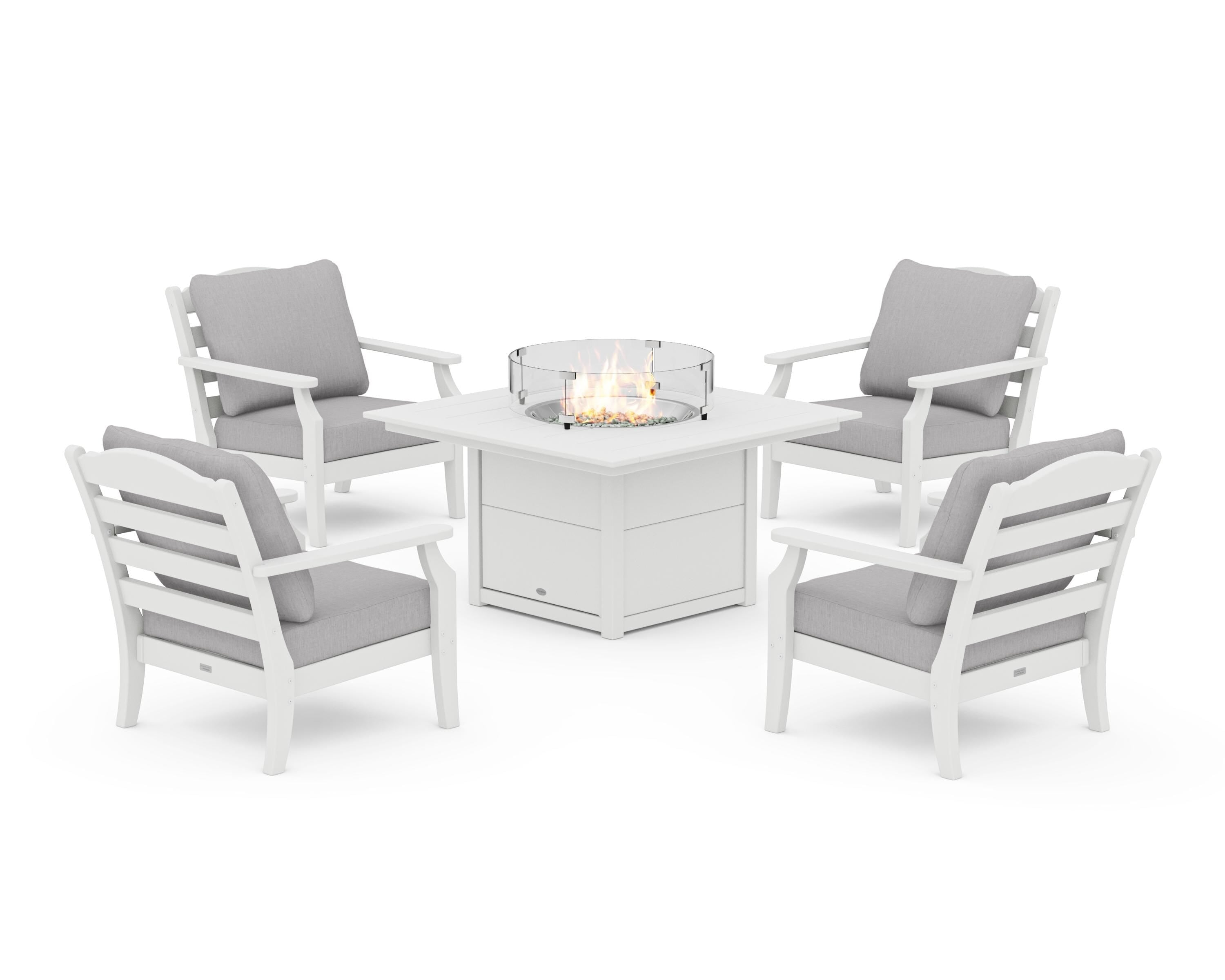 Draper James™ by  POLYWOOD® Savannah 5-Piece Deep Seating Set with Fire Pit Table in White / Granite