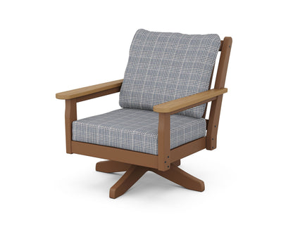 POLYWOOD® Chippendale Deep Seating Swivel Chair in Teak / Natural / Houndstooth Sky Blue