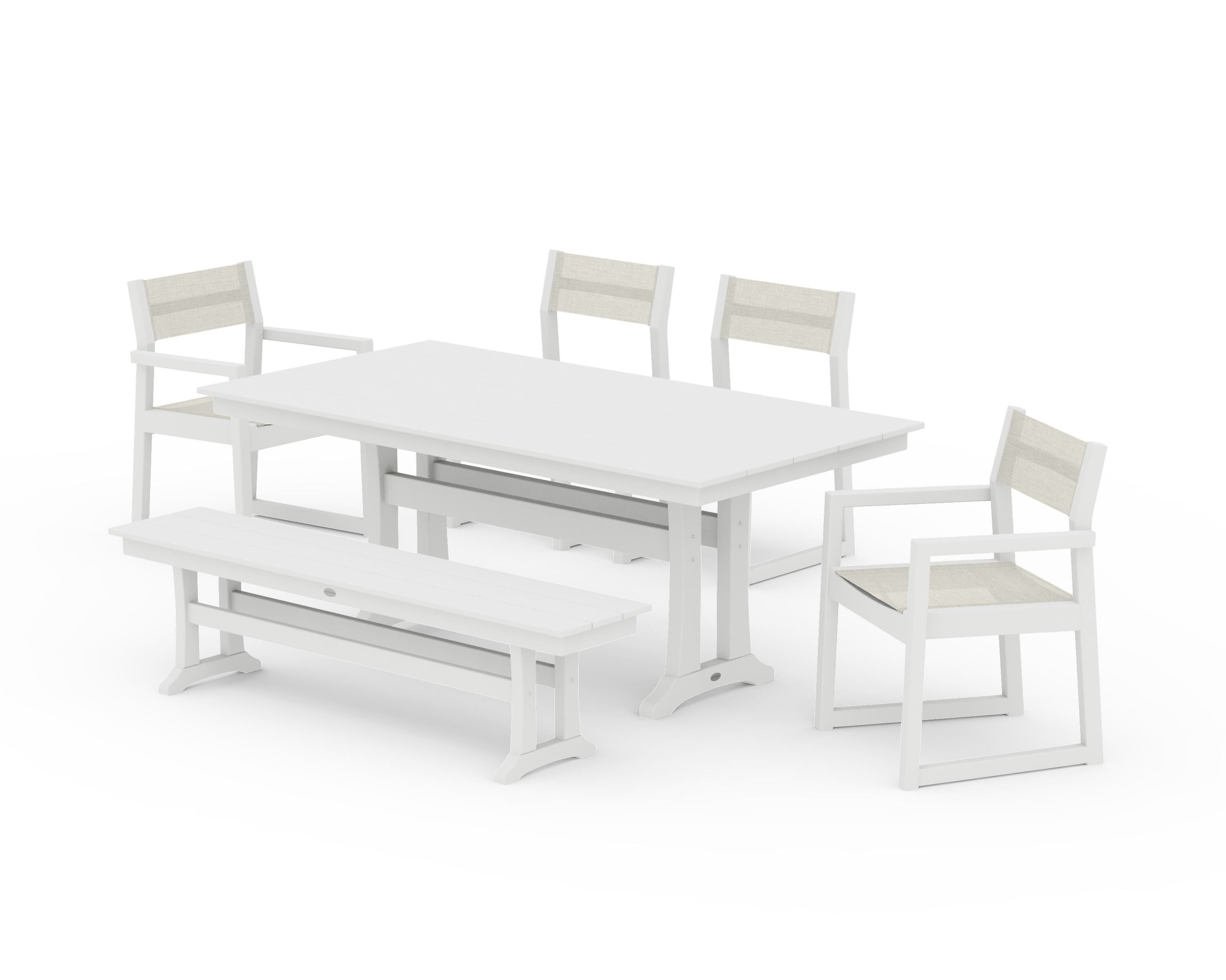 POLYWOOD® EDGE Sling 6-Piece Farmhouse Dining Set With Trestle Legs in White / Parchment Sling