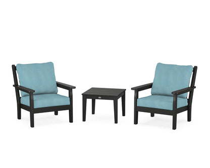 POLYWOOD® Chippendale 3-Piece Deep Seating Set in Black / Lattice Sky Blue