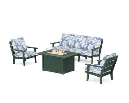 POLYWOOD® Lakeside Deep Seating Fire Pit Table Set in Green / Leaf Sky Blue