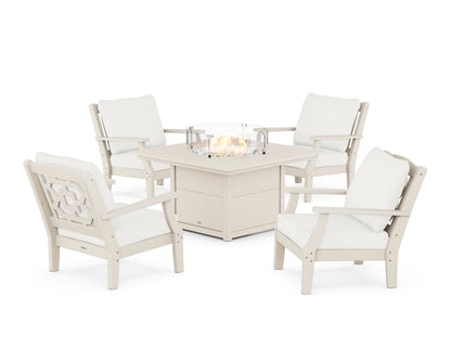 Martha Stewart by POLYWOOD® Chinoiserie 5-Piece Deep Seating Set with Fire Pit Table in Sand / Natural Linen