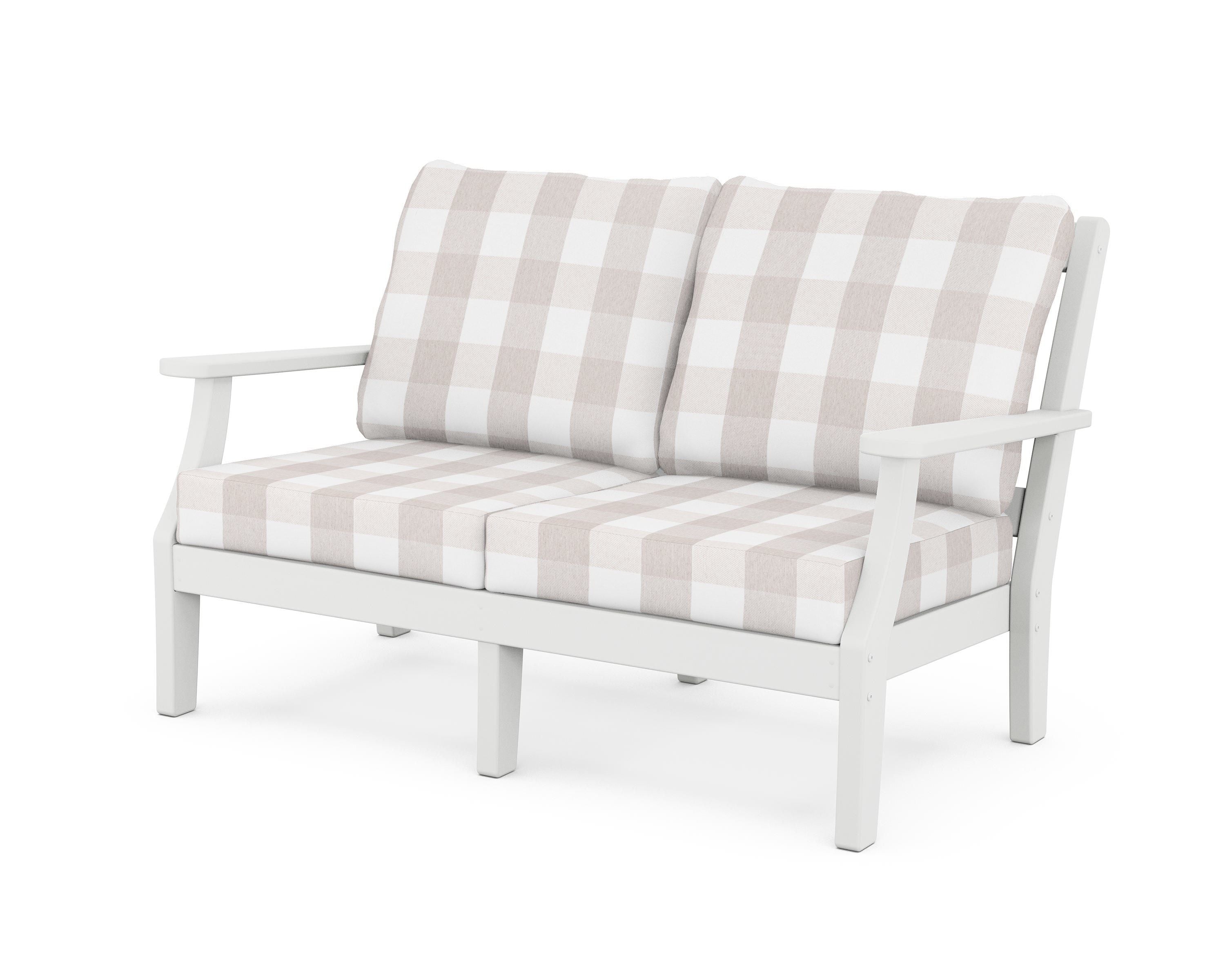 Martha Stewart by POLYWOOD® Chinoiserie Deep Seating Loveseat in White / Buffalo Plaid Dune Burlap