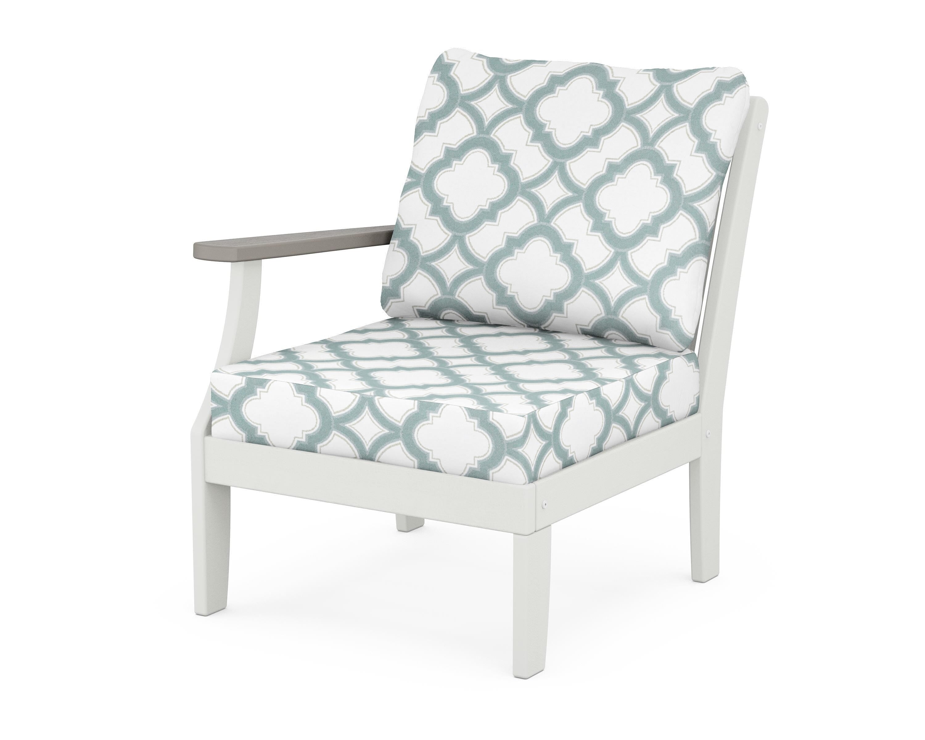 POLYWOOD® Braxton Modular Left Arm Chair in White / Driftwood / Trellis Glacier Spa