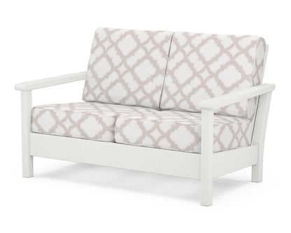 POLYWOOD® Harbour Deep Seating Loveseat in Vintage White / Trellis Dune Burlap