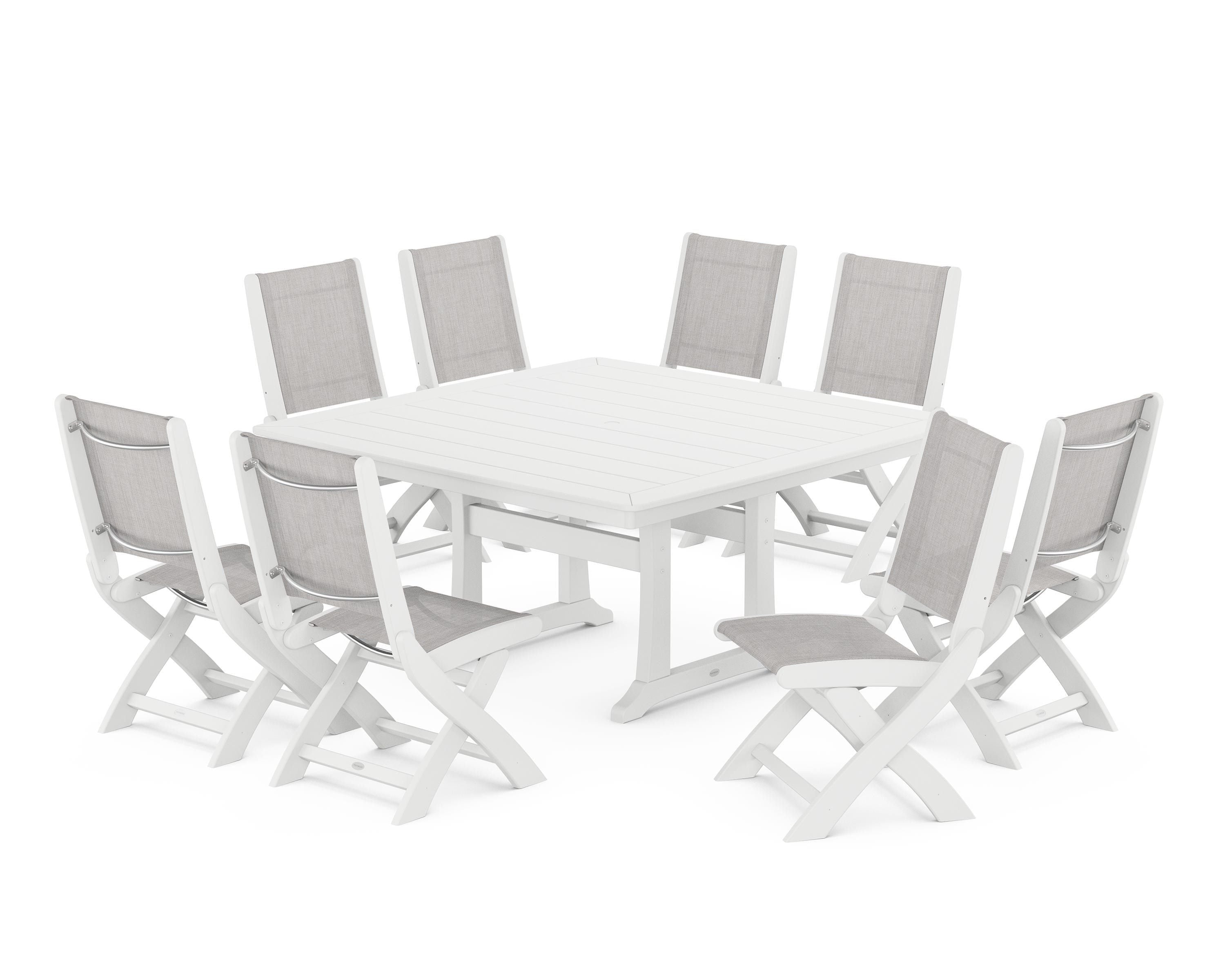POLYWOOD® Coastal Folding Side Chair 9-Piece Dining Set with Trestle Legs in White / Parchment Sling