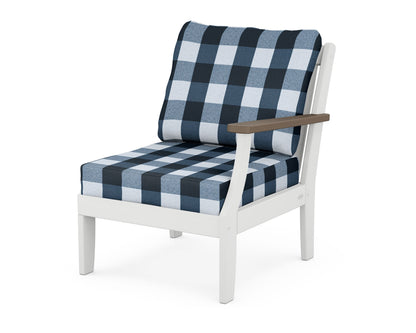 POLYWOOD® Braxton Modular Right Arm Chair in White / Kona / Buffalo Plaid Marine Indigo