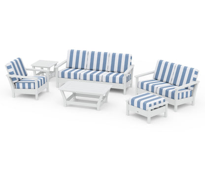 POLYWOOD® Harbour 6-Piece Outdoor Living Set in White / Cabana Stripe Sky Blue