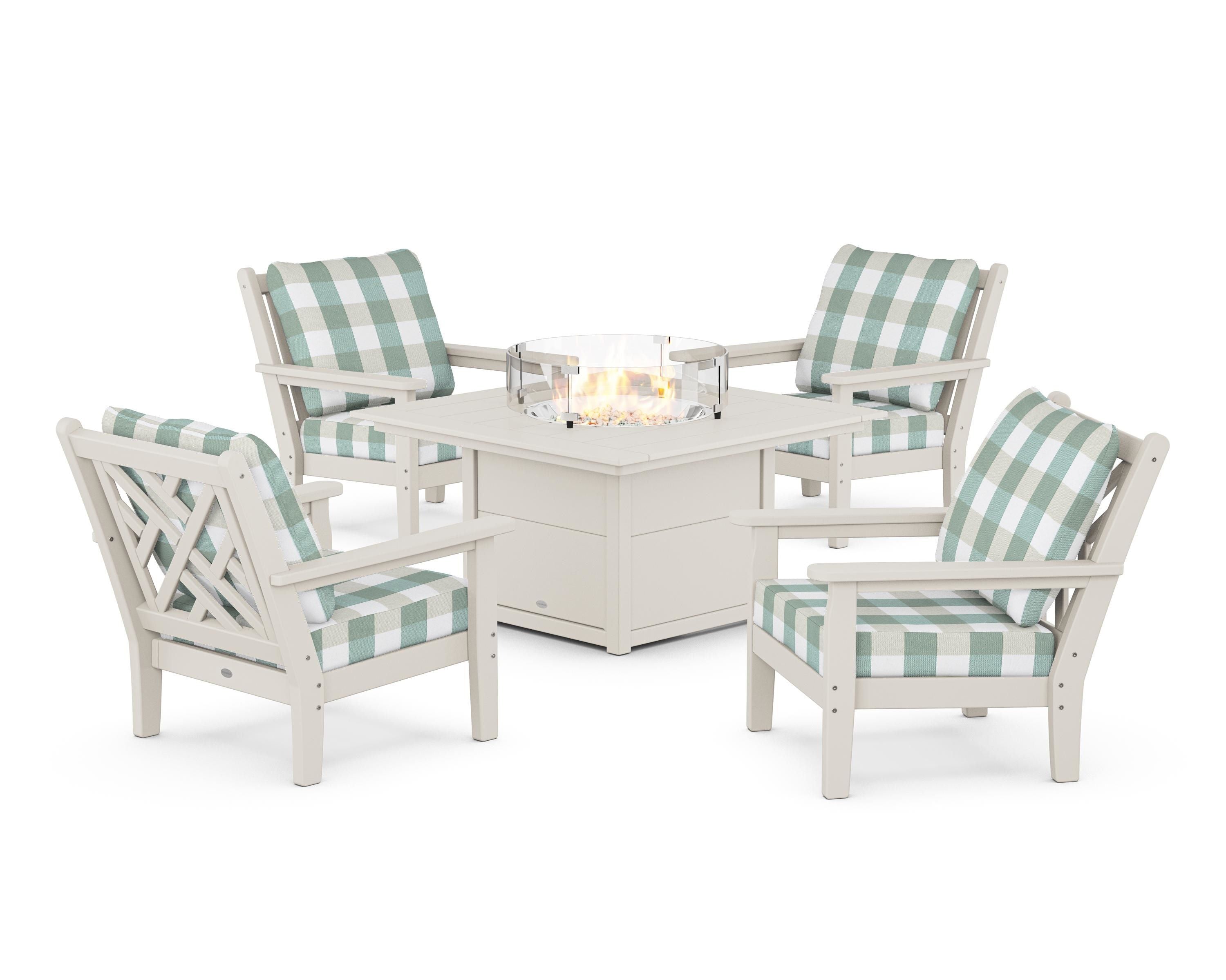 POLYWOOD® Chippendale 5-Piece Deep Seating Set with Fire Pit Table in Sand / Buffalo Plaid Glacier Spa