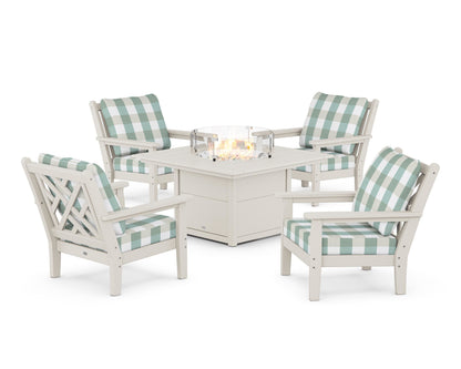 POLYWOOD® Chippendale 5-Piece Deep Seating Set with Fire Pit Table in Sand / Buffalo Plaid Glacier Spa
