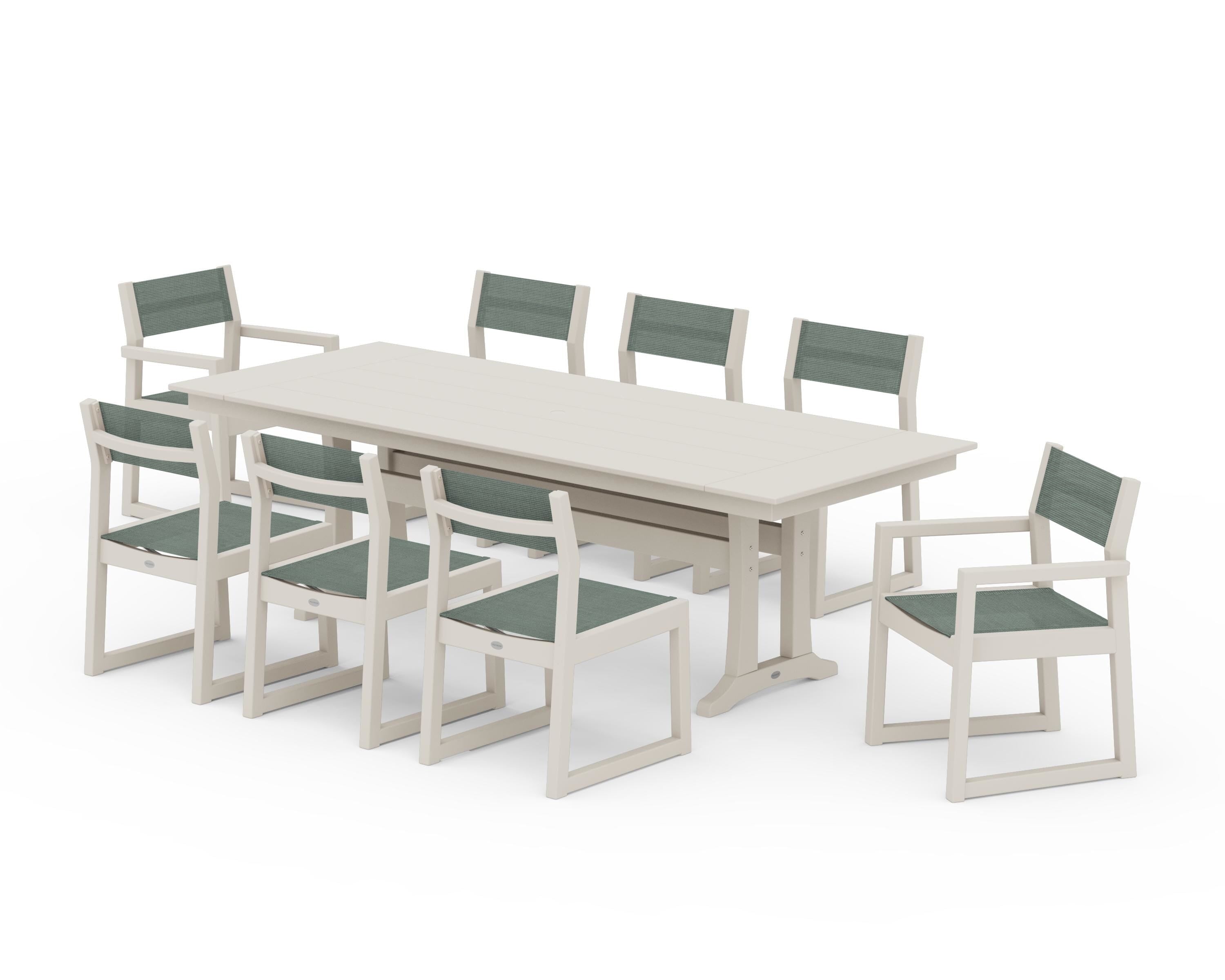 POLYWOOD® EDGE Sling 9-Piece Farmhouse Trestle Dining Set in Sand / Dupioni Sea Mist Sling