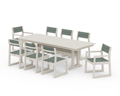 POLYWOOD® EDGE Sling 9-Piece Farmhouse Trestle Dining Set in Sand / Dupioni Sea Mist Sling