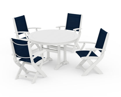 POLYWOOD® Coastal Folding Chair 5-Piece Round Dining Set with Trestle Legs in White / Navy Blue Sling